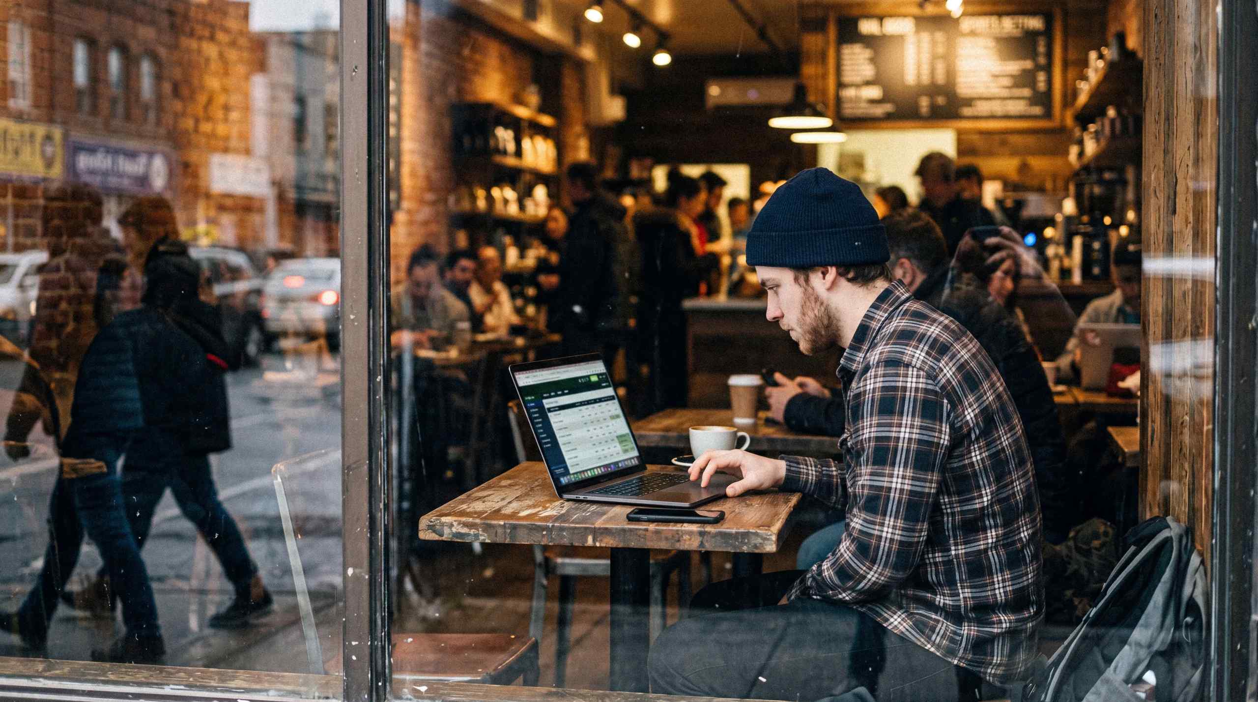 A man checking sports betting odds on a laptop.